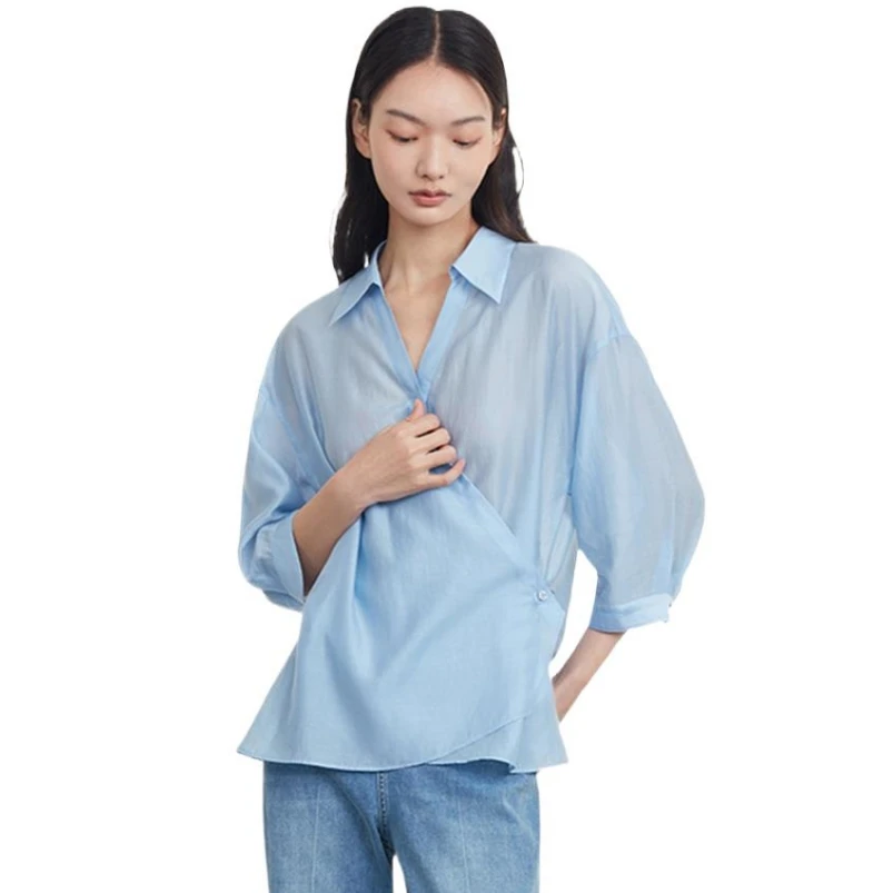 

Summer New Women Rayon Turn-down Collar Shirts Nine Quarter Sleeves Loose Solid Design Sense Front Cross Diagonal Button Blouses