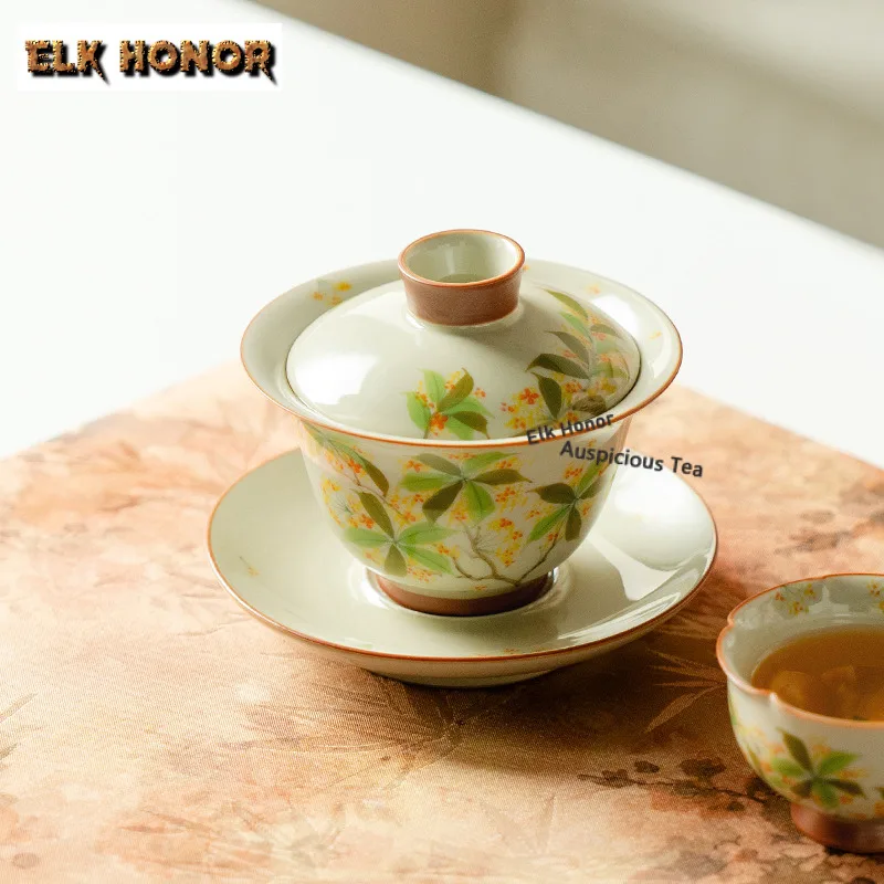 

145ml Hand-painted Osmanthus Flowers Gaiwan Boutique Tea Bowl Tea Tureen Tea Bowl With Lid Kit Tea Making Cover Bowl Cafes Craft