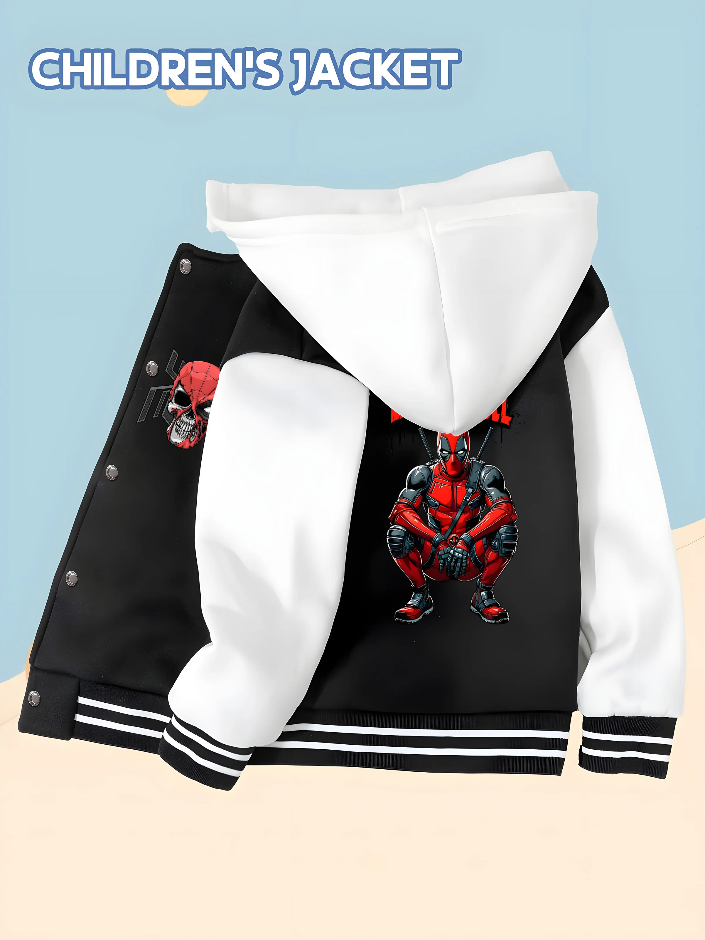 

MINISO Marvel Deadpool Cool Kids Baseball Jacket - Double-sided printing, black and white stitching trend, soft fabric for warmt