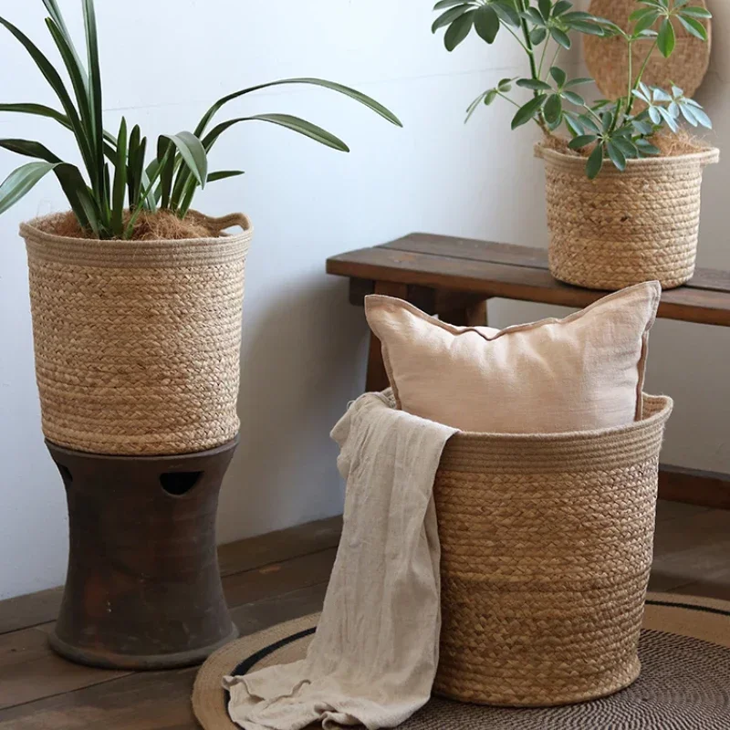 

Natural Grass Weaving Flower Basket Multi Functional Storage Bucket Living Room Floor Garbage Can Durable Clothing Organization