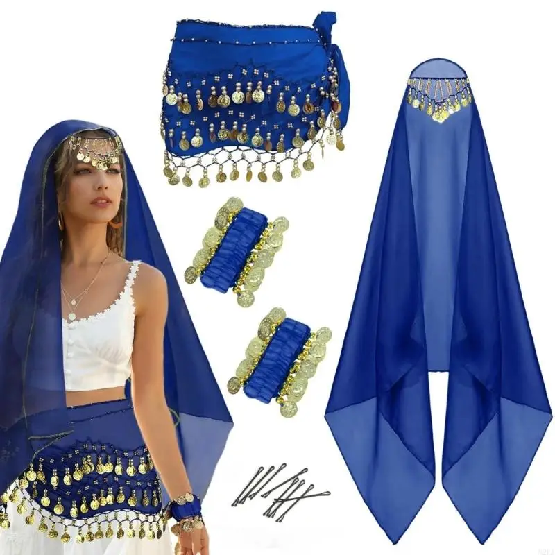 2025 New Belly Dancer Outfit,Head Scarf,Belly Dance Hip Scarf,2 Coin Wrist Bracelets