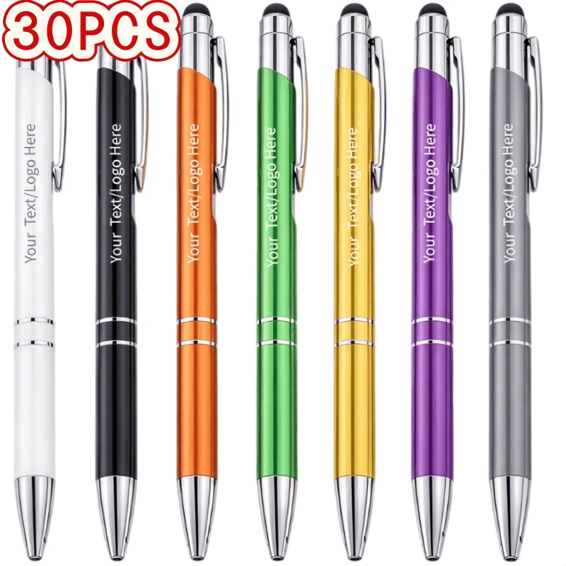 30PCS Custom Logo Metal Ballpoint Pen 2-in-1 Capacitive Touch Screen Stylus Retractable Smooth Writing Multi Color
