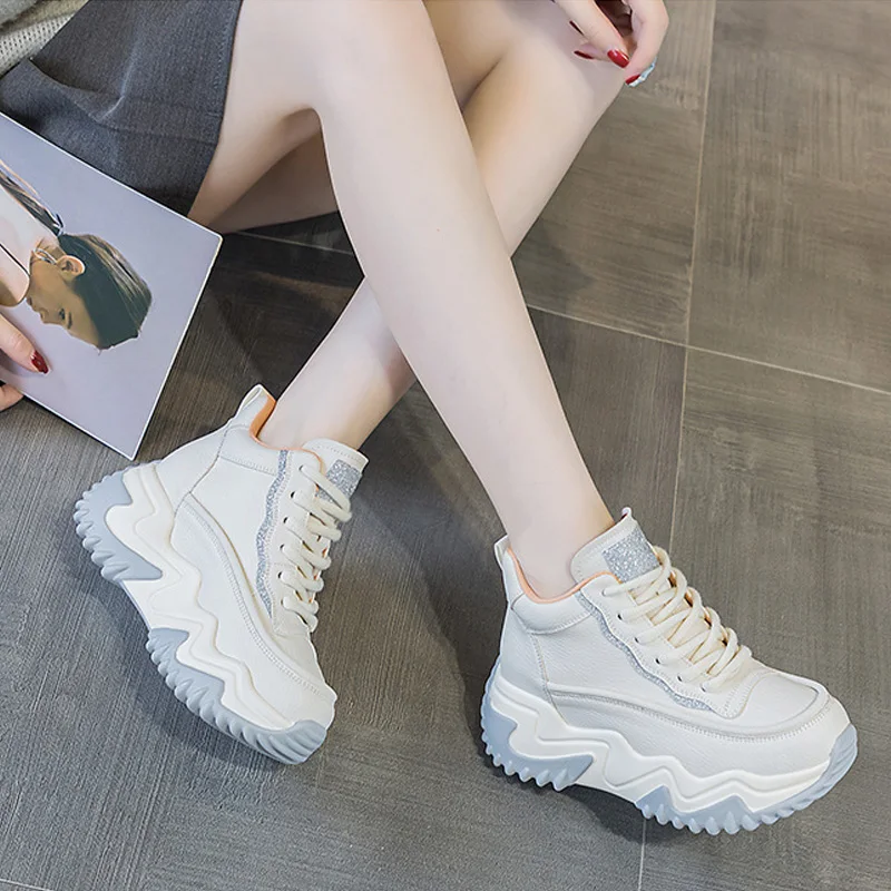 CXJYWMJL Genuine Leather Women High Top Sneakers Autumn Winter Wedgies Casual Platform Vulcanized Shoes Lace up Thick Soled Shoe