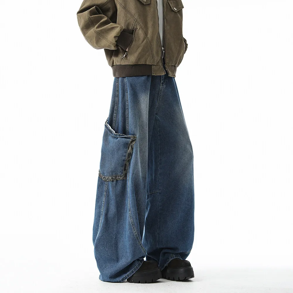 Mannen gewassen losse wijde pijpen jeans patchwork zijzakken streetwear casual denim broek mode trendy comfort vintage noodlijdende