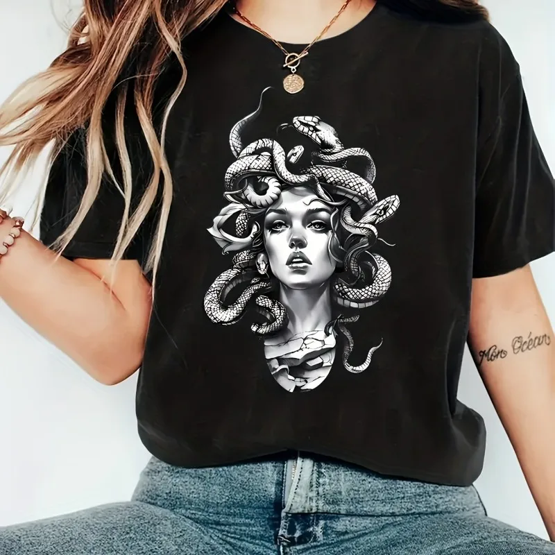 [Plus Size] Camisola Feminina | T-Shirt com Padrão de Medusa da Mitologia Grega - Design de Cabelo de Serpente Preto e Branco