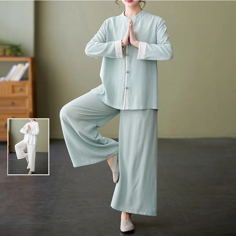 

Комплект из хлопка и льна в стиле ретро на пуговицах в стиле дзен, широкие брюки с высокой талией, повседневный модный костюм из двух предметов, женская одежда