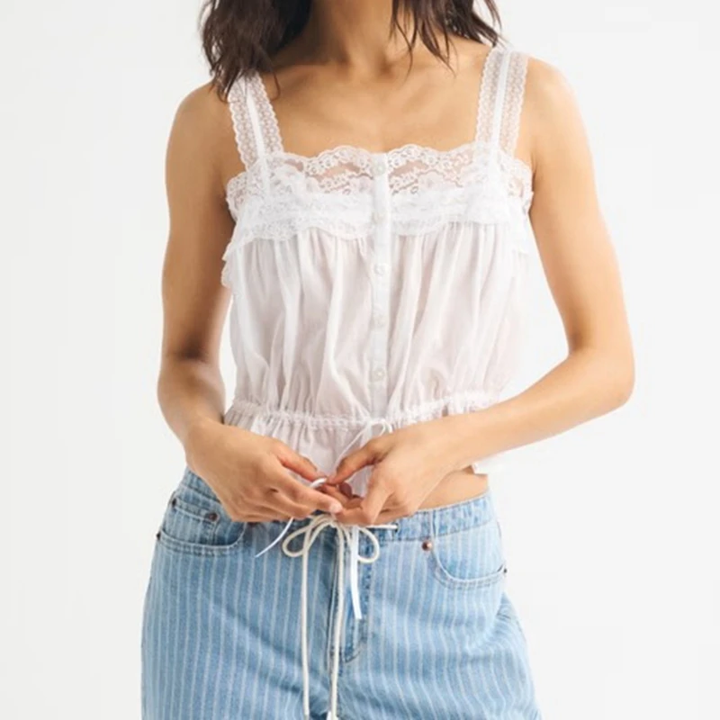 Y2K Coquette Summer Cropped Vest Women Floral Lace Cami Top Front Button Drawstring Waist Ruffle Hem Sheer Babydoll Tank Tops