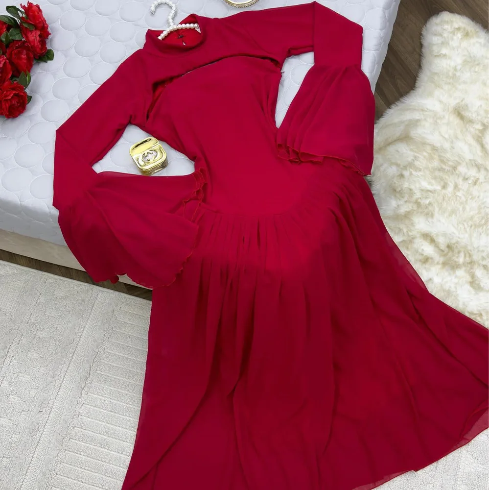 High Collar Long Flare Sleeves Chiffon Tea Length A-Line Lace Up Back Solid Color Elegant Evening Dress For Formal Occasion 2024