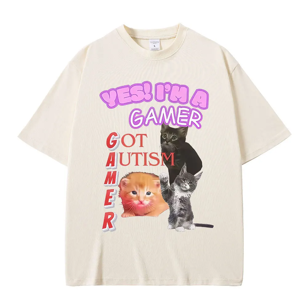 ملابس رجالية ونسائية الهيب هوب القطن عارضة المتضخم تي شيرت، نعم! تي شيرت I Am Gamer Got Autism Fun Cat Fan Pattern