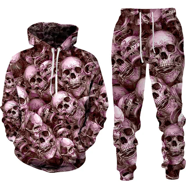 Autumn Winter Men Punk Hoodies Suit Skull 3D Print Tracksuit/Pants Goth Skeletons Long Sleeve Pullover Oversize Kids Sets