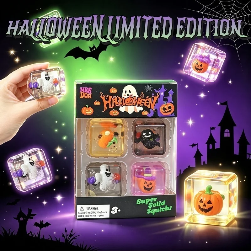 Needoh Nice Cube Super Solid Squish Squeeze Fidget Toy Maltose Slow Rebound Stress Relief Halloween Limited Edition Gift 4 Pack