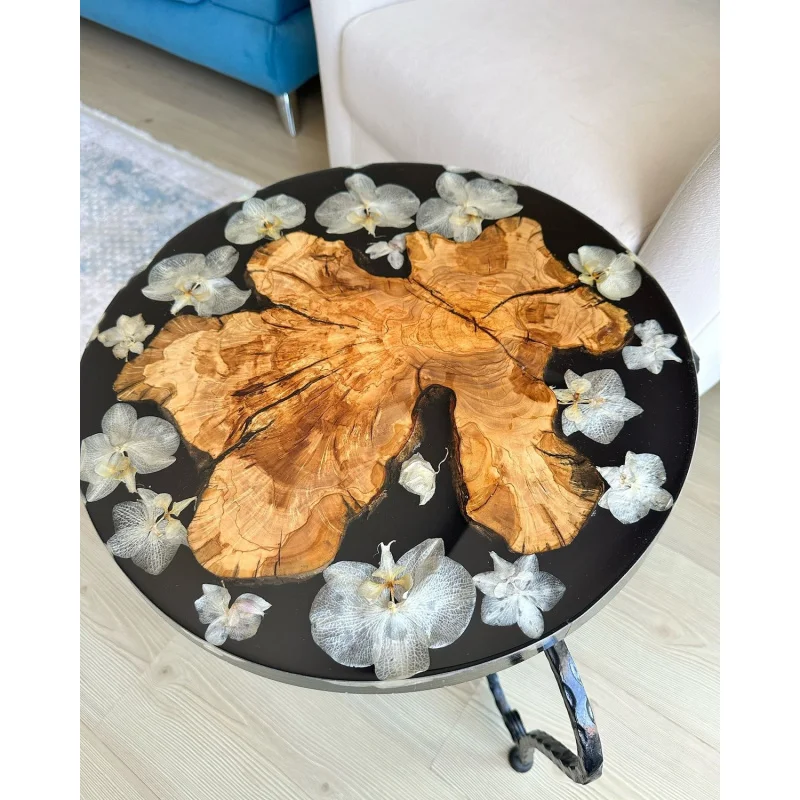 custom.Elegant Customized Modern Design Handmade Wooden and Resin Round  Table  Live Epoxy Resin Flower River Dining Table
