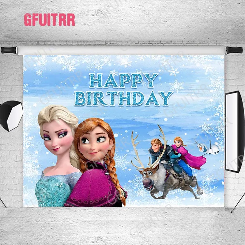 Toile de fond pour Photo d'anniversaire la reine des neiges, bannière de fête princesse Elsa Anna, arrière-plan pour photographie de réception-cadeau pour bébé, accessoires Photo
