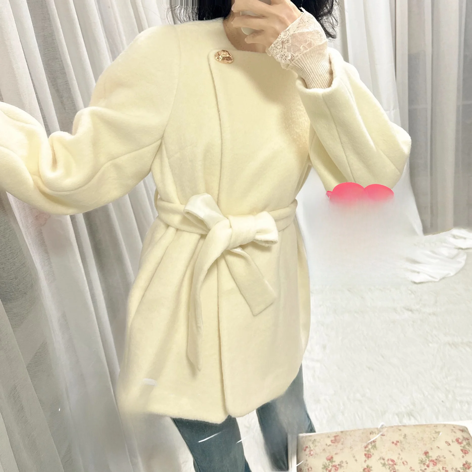 

ElizabethFOREVERCAN Woolen Skirt Sle Coat with Waist Cinching Standalone Pattern Design Long Sve Daily Wear Dr