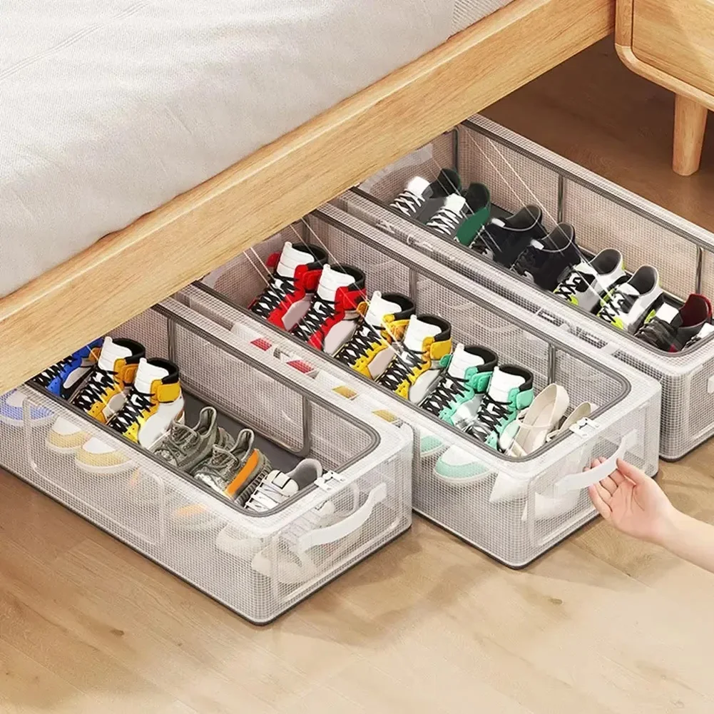 Stackable Storage Solution with Clear Lids for Efficient Organization of Shoes Boots and For Clothes Using Metal Frame