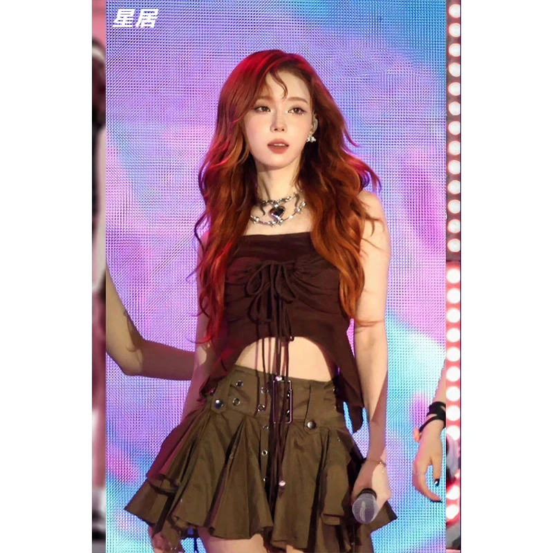 Kpop Korean Singer Y2K Jazz Dance Costumes Sexy Lace-Up Vest Crop Tops Irregular Skirt Women Outfits Stage Performance Clothing