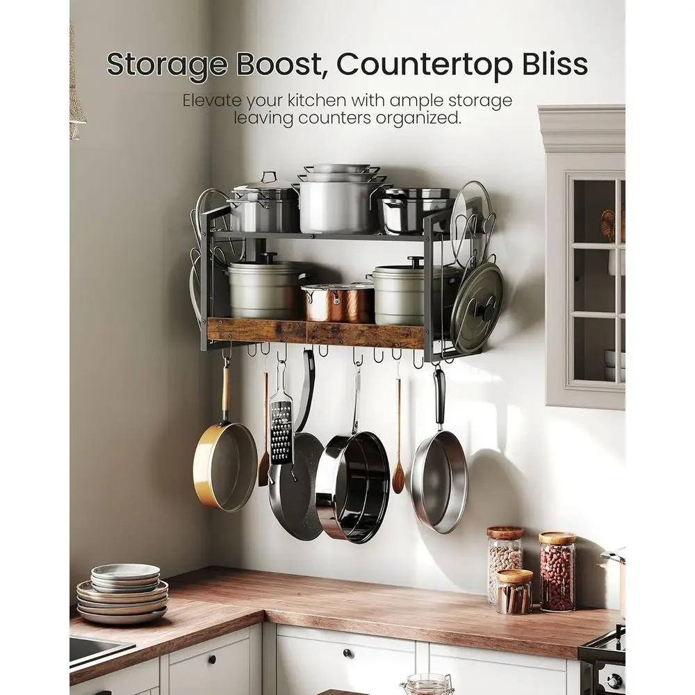 رف أوعية مثبت على الحائط من طبقتين، 12 خطافًا، منظم تخزين المطبخ للأواني والمقالي والأواني والبني الريفي TPR02BF #5