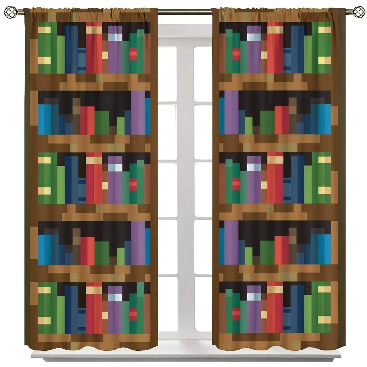 Pixel Bookshelf Rod Pocket Curtain Retro Pixel Color Book Block Wooden Shelf Game Style Print Window Drapes Kids Study Room