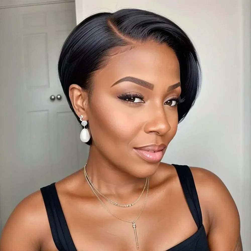Wig Rambut Asli Malaysia 13x4 Lace Wig Model Pixie Cut dengan Belahan Samping, Wig Bob Lurus dengan Belahan Samping dan Lace Transparan untuk Wanita Kulit Hitam