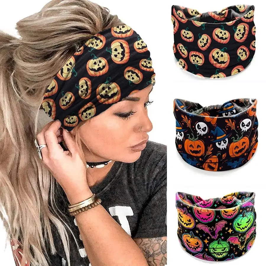 Halloween Headbands For Women Wide Turban Dress Up Costume Headwraps Pumpkin Spider Web Bad Skeleton Hair Band