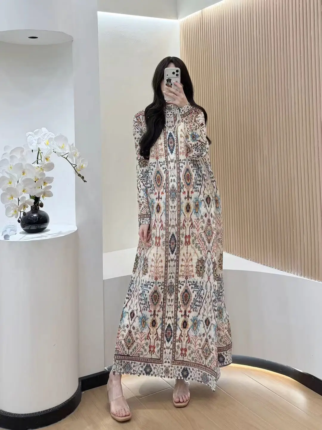 

Pleated Loose Plus Size Women Abaya Spring Autumn New Style Long Sleeved Retro Printed Design Luxurious Elegant Female Dress