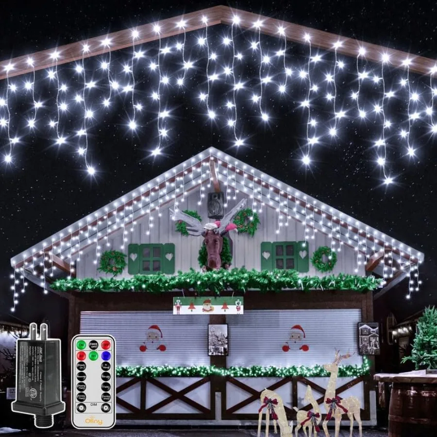 Luces de carámbanos para exterior 400LED 32 pies luz navideña blanca fría con control remoto 8 modos temporizadores enchufe impermeable conectable