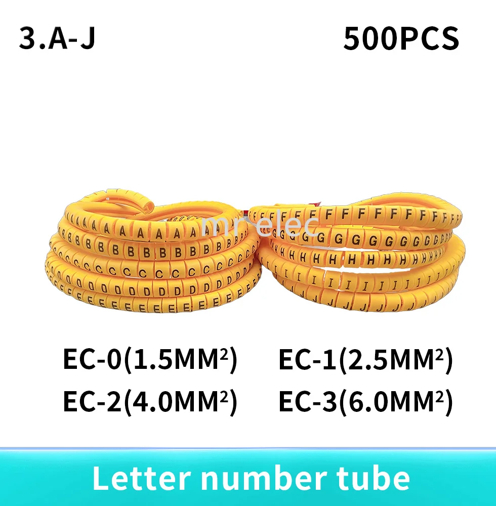 500pcs A-J ABCDEFJHIJ numberEC-0 EC-1 EC-2 EC-3 1.5mm2 English Letter Flexible Print Sleeve Tube Label Network Wire Cable Marker