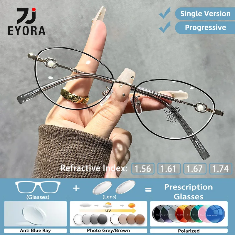 

EYORA Metal Cat Eye Reading Glasses for Women Small Frame Myopia and Hyperopia Anti Blue Light Progressive Photochromic Glasses