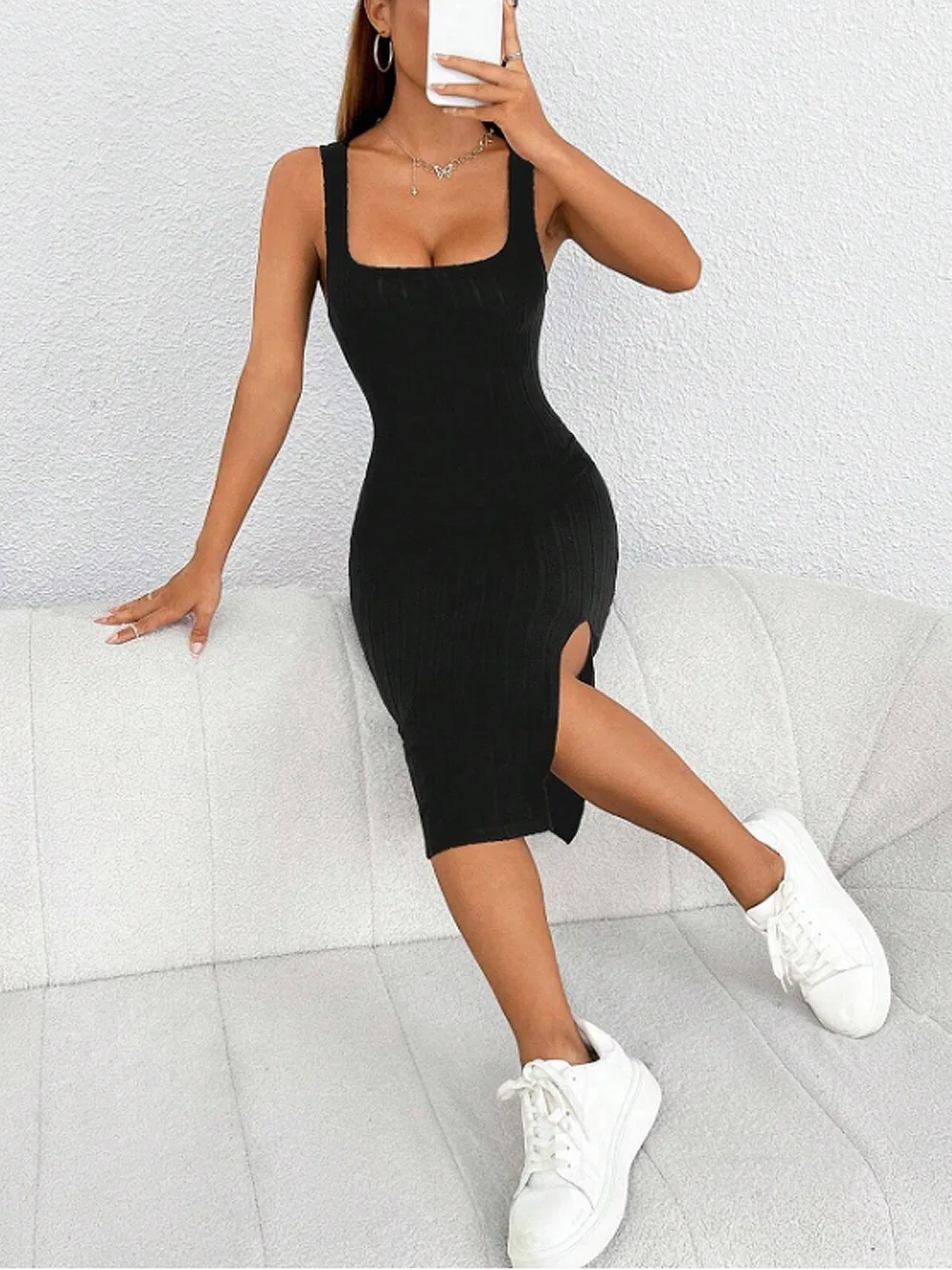 2024 Summer New Women\'s Tight Sexy Tank Top Dress Split Sleeveless Dress Solid Color Slim Fit Long dresses robe de soirée orange