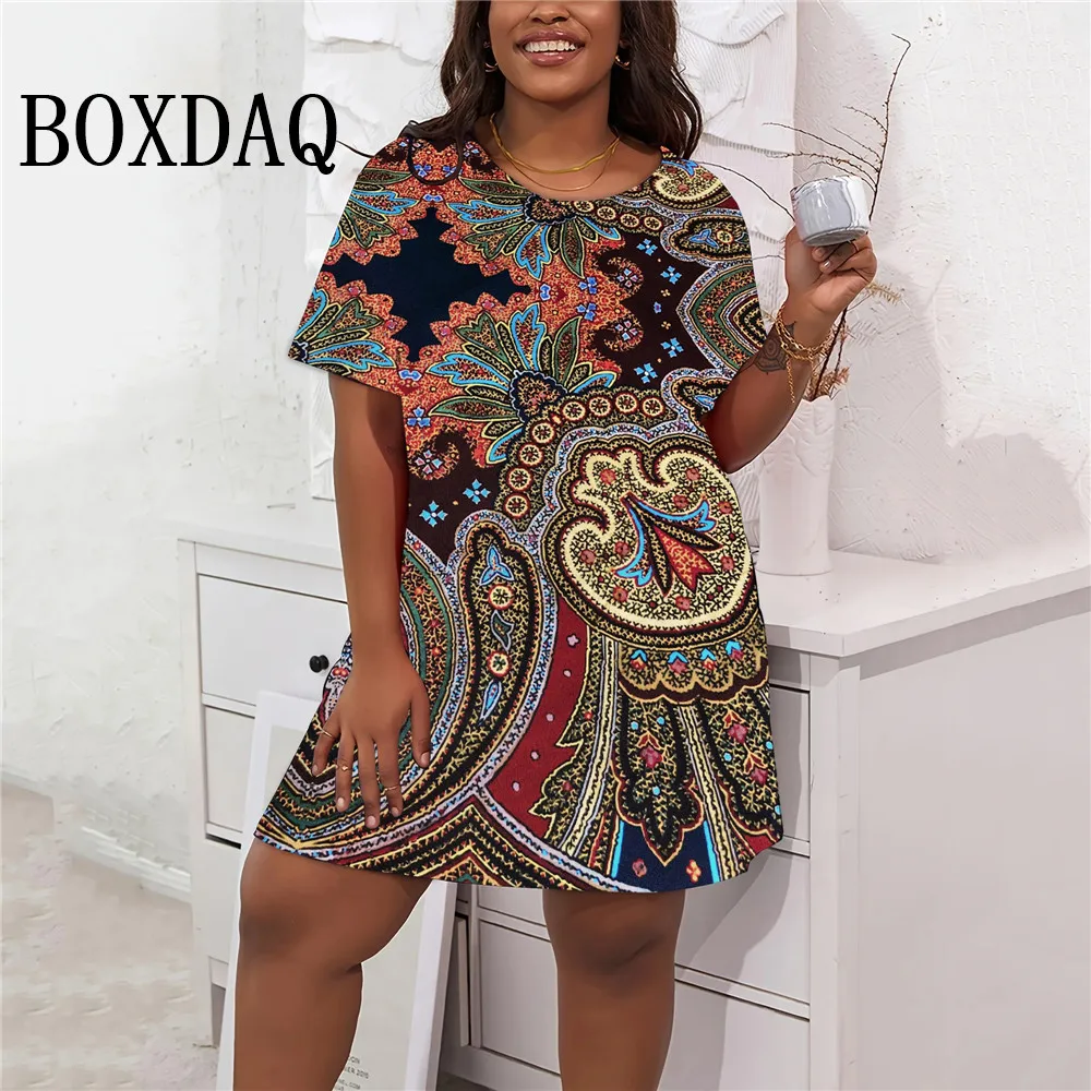 Ethnic Style Vintage Women Dresses Summer Retro Flower 3D Print Short Sleeve Dress Casual Loose Plus Size Women Clothing 8XL 9XL