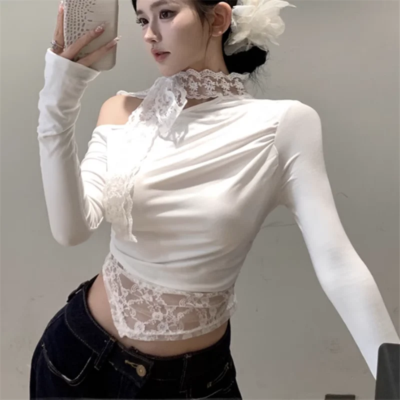 

Retro Sexy Black White Lace Patchwork Slim T Shirt Chic Bow Off Shoulder Short Irregular Top Long Sleeve Bottoming Tee Shirt