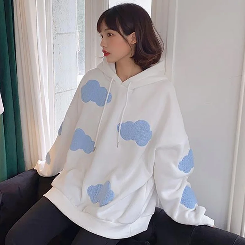 Hoodies Women Gentle Cartoon Kawaii Clouds Females Loose Chic Stylish Streetwear All-match Simple Hooded Tops Harajuku Ulzzang