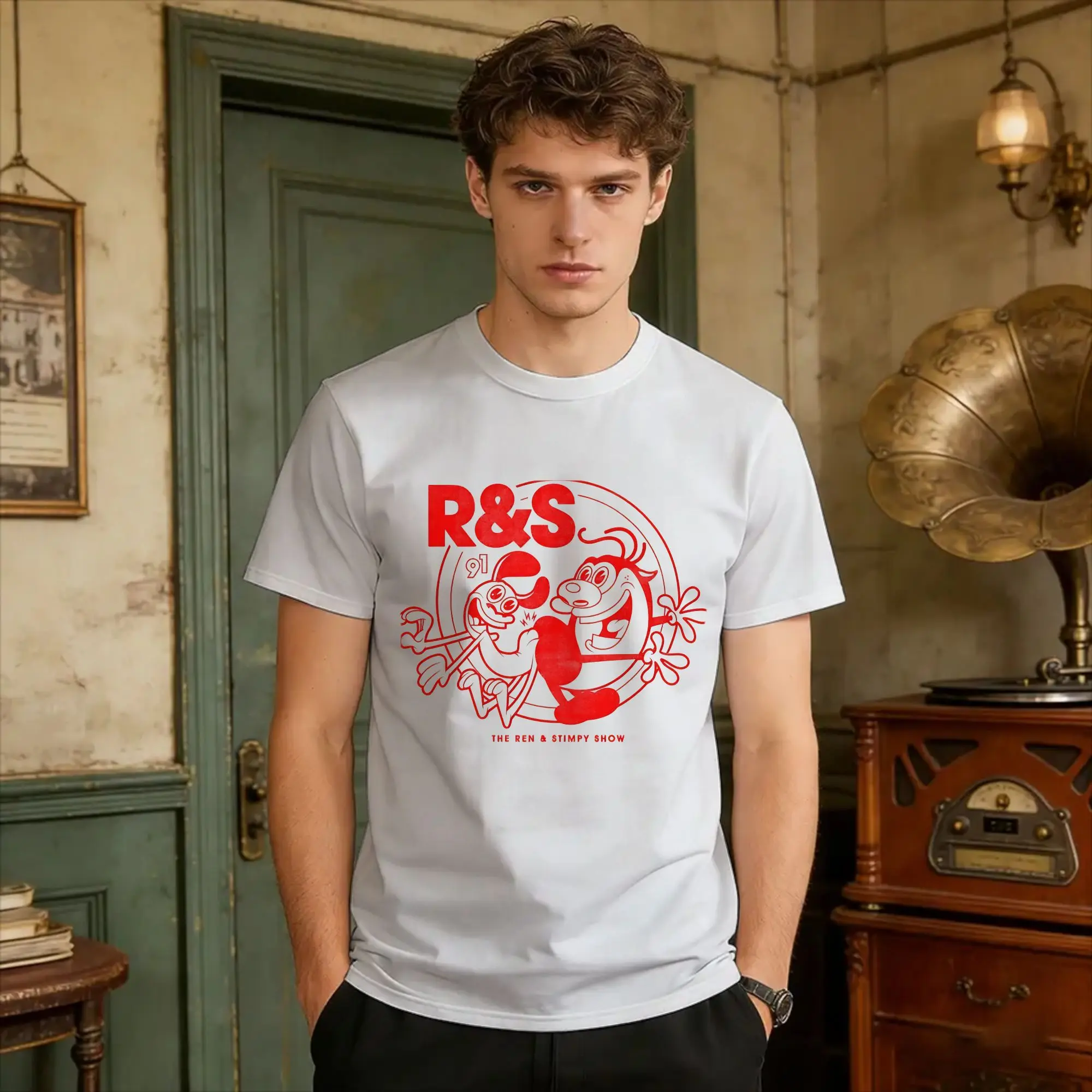 Men's Red Retro Poster   T-Shirts Ren And Stimpy  100 Cotton Top Tees Summer Y2K Funny Short Sleeves T Shirt O Neck Tee Shirt
