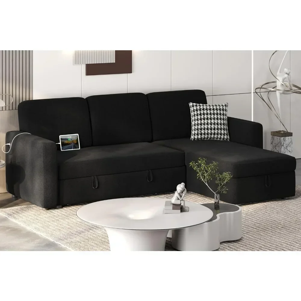 L-shaped sectional sofa, couch bed w/USB, reversible sleeper sofa, 4-seat fabric, pull-out bed & storage, black, for living room