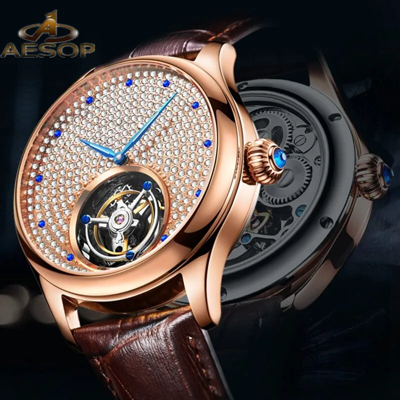 

Aesop Real Tourbillon Mechanical WristWatch Sapphire Crystal Luxury Brand Diamond Watch Mens Skeleton Movement Relogio Masculino