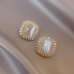 Big Opal Square CZ Crystal Stud Earrings for Women Sweet Punk Simple Rhinestone Geometry Party Jewelry Girl Gift