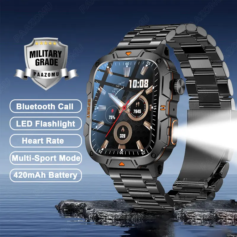 

2024 Rugged Military Smartwatch With LED Flashlight Bluetooth Call Heart Rate Blood Oxygen Monitoring 420mAh Outdoor Wristwatch