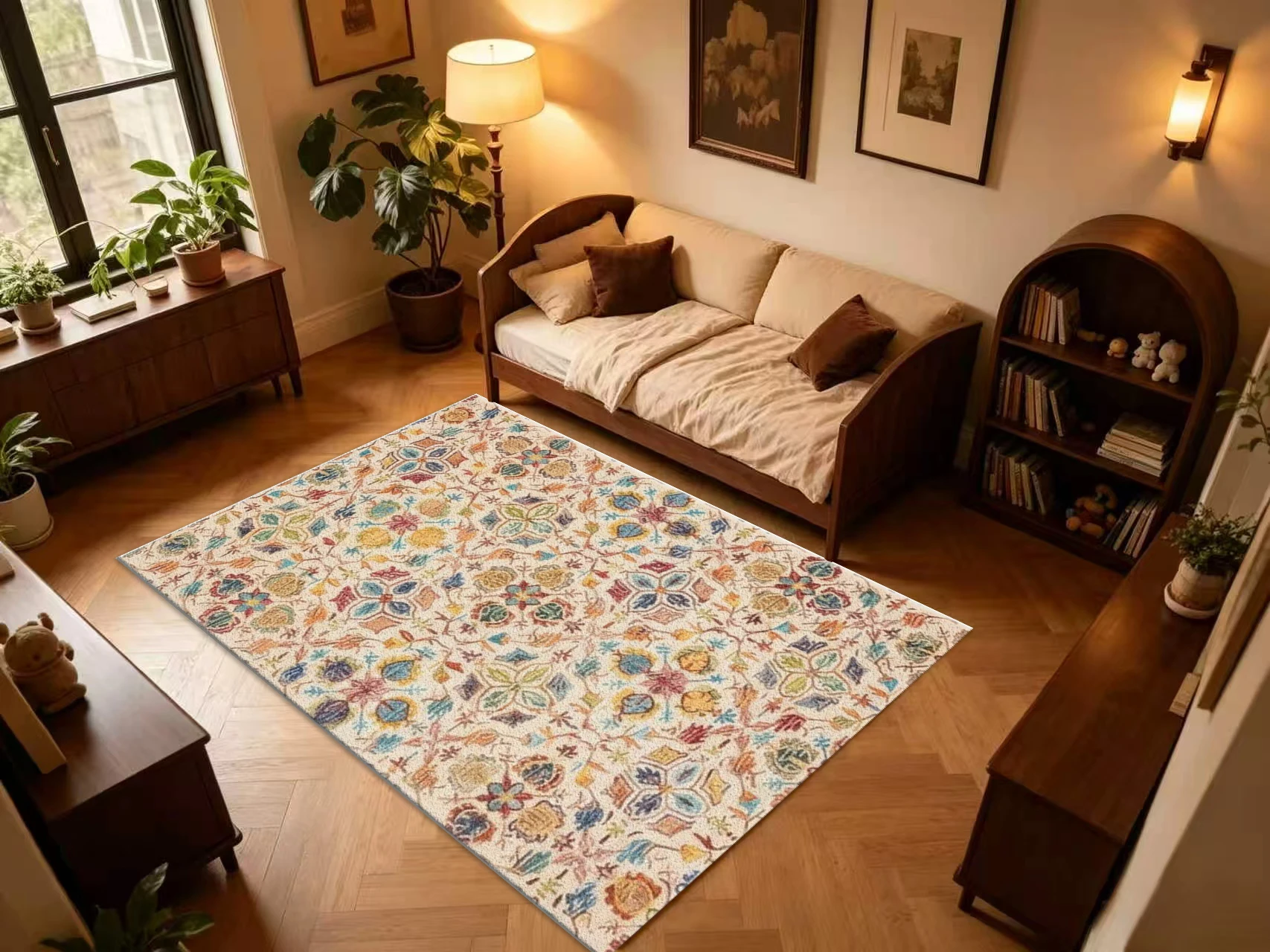 Boho Colorful Floral Square Area Rug Vintage Ethnic Tiny Flower Printed Floor Carpet for Living Room Bedroom Home Decor