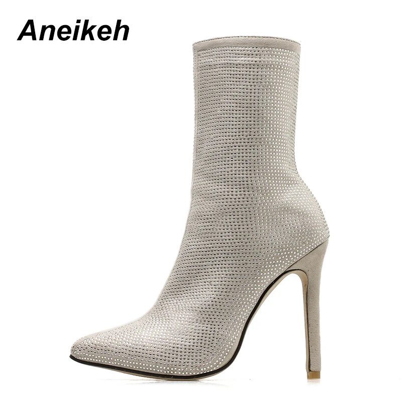 Aneikeh Spring Banquet Sexy Shiny Crystal Rhinestones Women\'s Ankle Boots High Heels Nightclub Modern Booties For Females Shoes