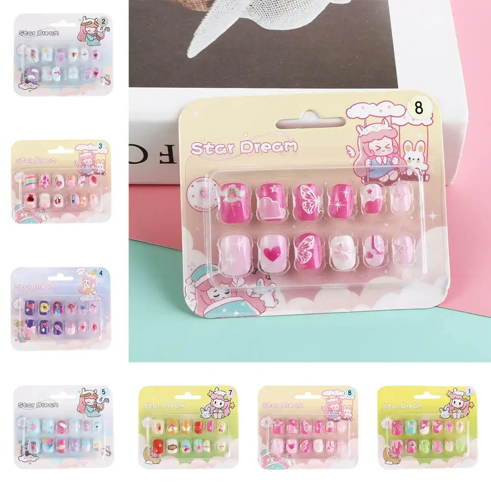 

12Pcs/set Nail Supplies Children False Nails Nail Accessories Manicure Material Kids Cartoon Fake Nails Rainbow Cloud