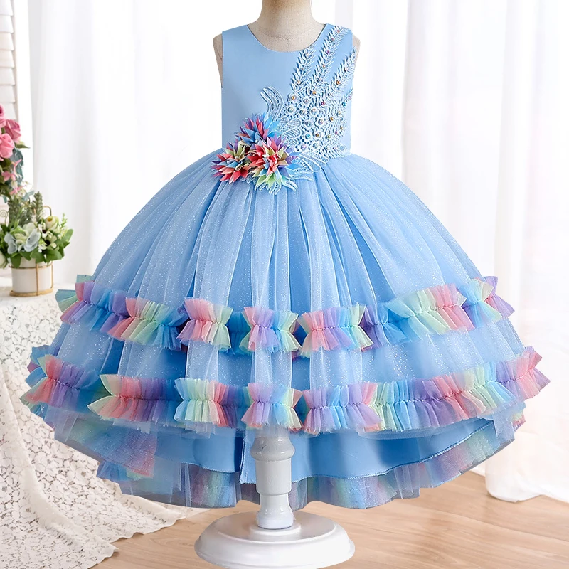 Girls' colorful sleeveless trailing princess skirt 4-12 years old pearl embroidery gauze skirt banquet host fashion high-end dre