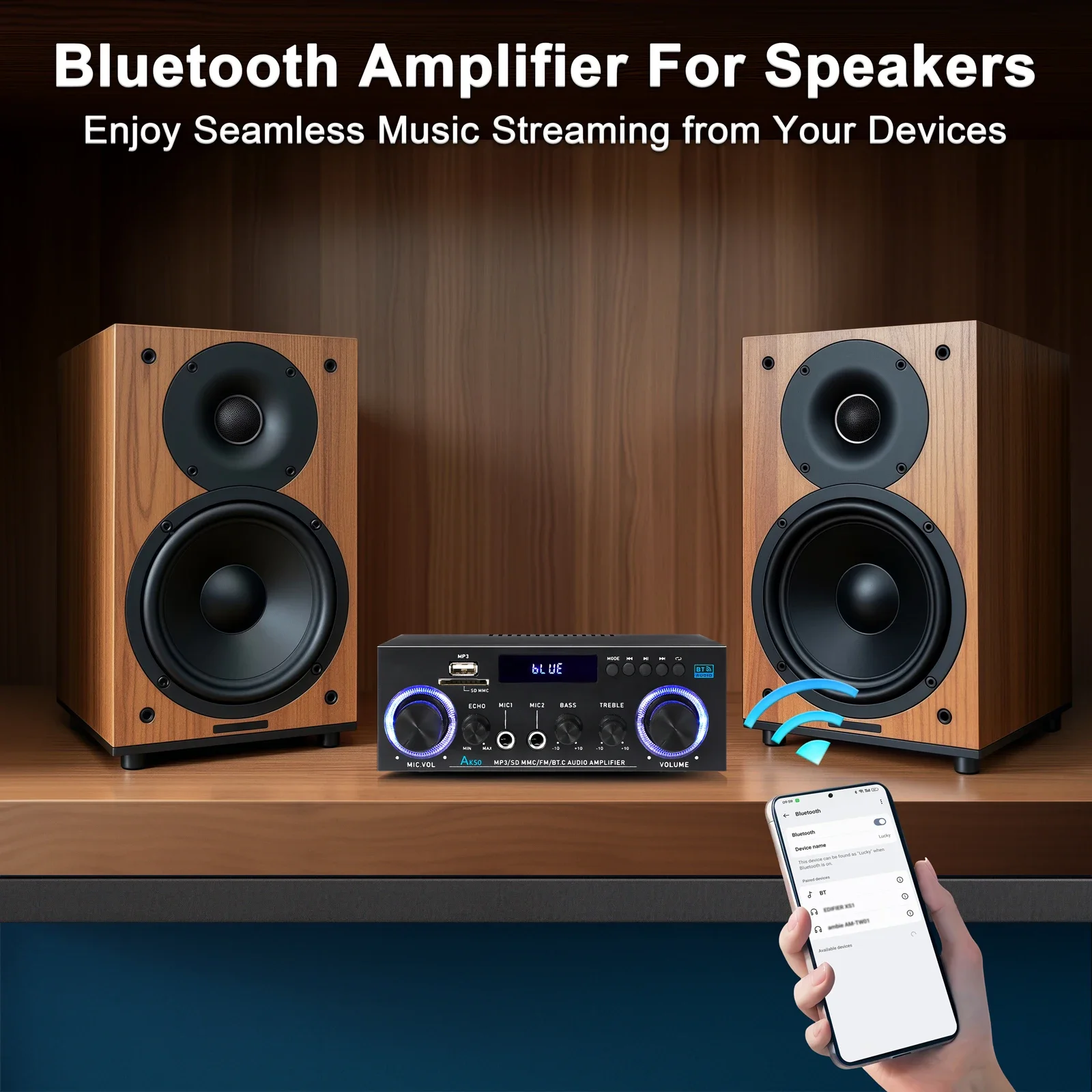 Woopker AK50 HIFI Audio Amplifier MAX 840W RMS 60W*2 Channel 2.0 Bluetooth5.3 Surround Sound Class D Amplifier Suitable for Home