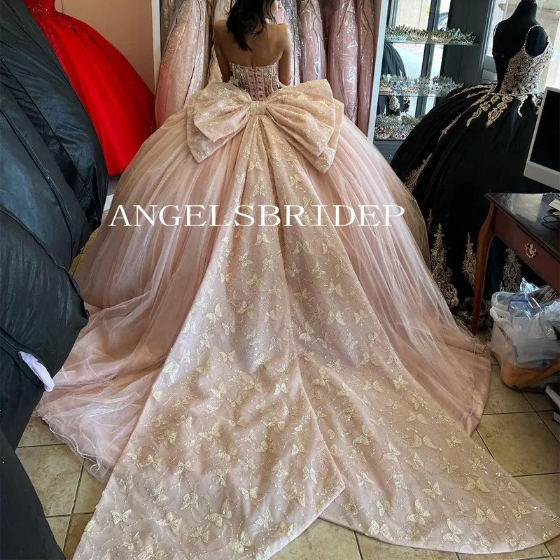 Angelsbridep-vestido De quinceañera rosa con lazo grande, traje De baile sin mangas, apliques 3D, mariposa, 15 Años