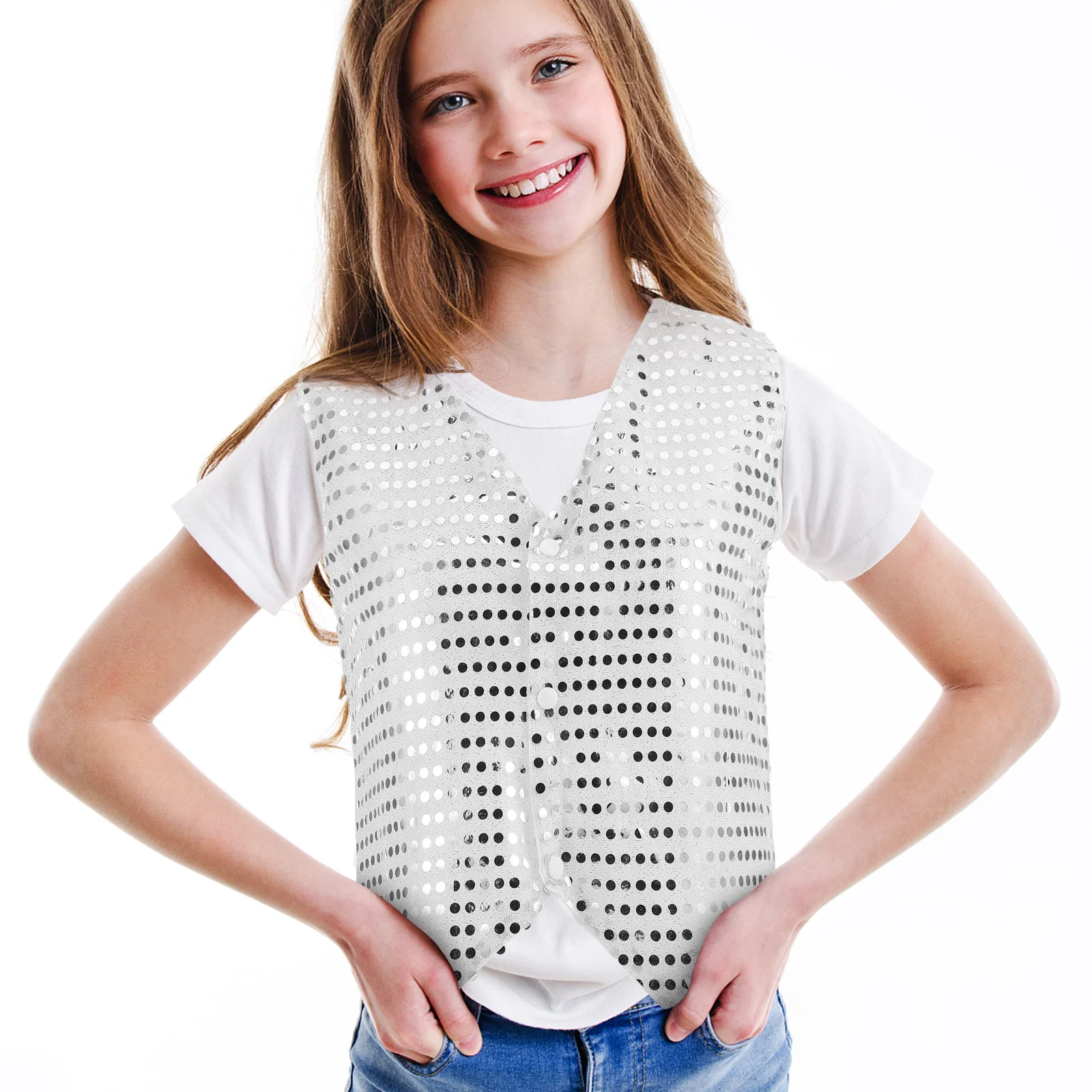 

Lightweight Sequin Vest for Kids Disco Party Costume Shiny Dance Jacket 70S Themed Performance Wear Sparkle Waistcoat Unisex