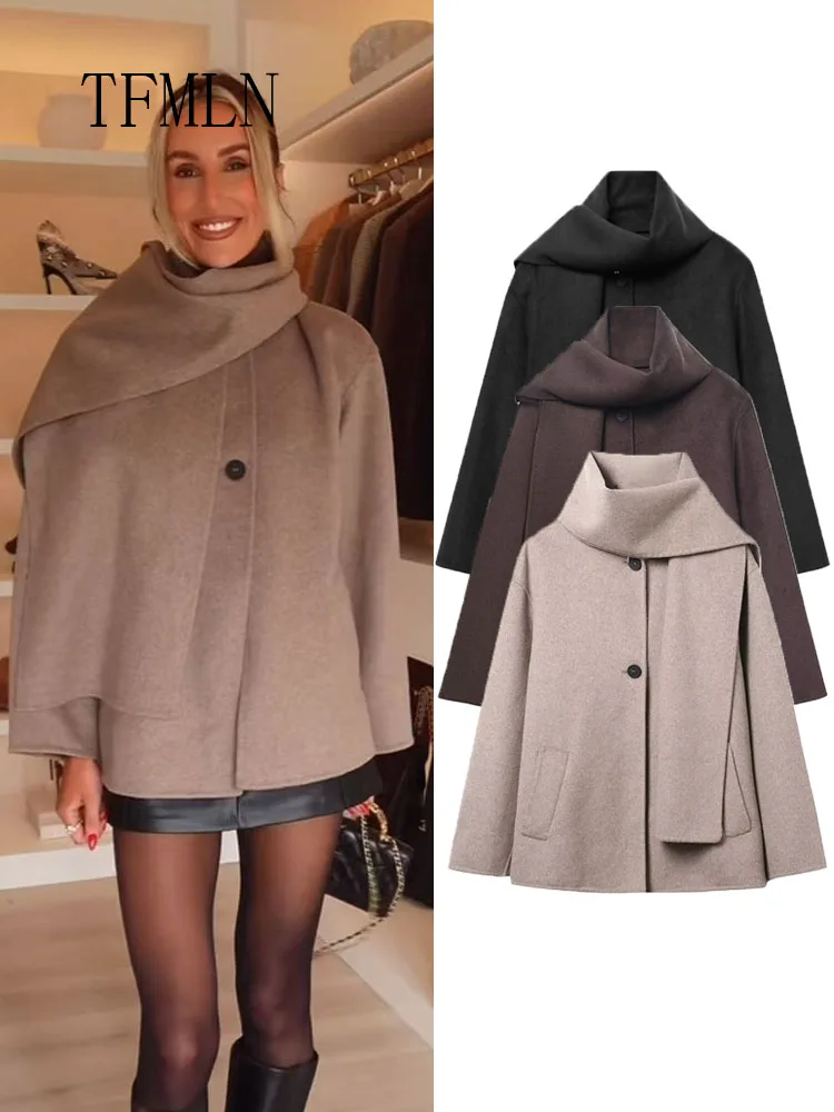 

Retro Women Casual Scarf Collar Coat Fashion Single Breasted Pockets Loose Outerwear Commuting Street Jacket 2025 Autumn Winter