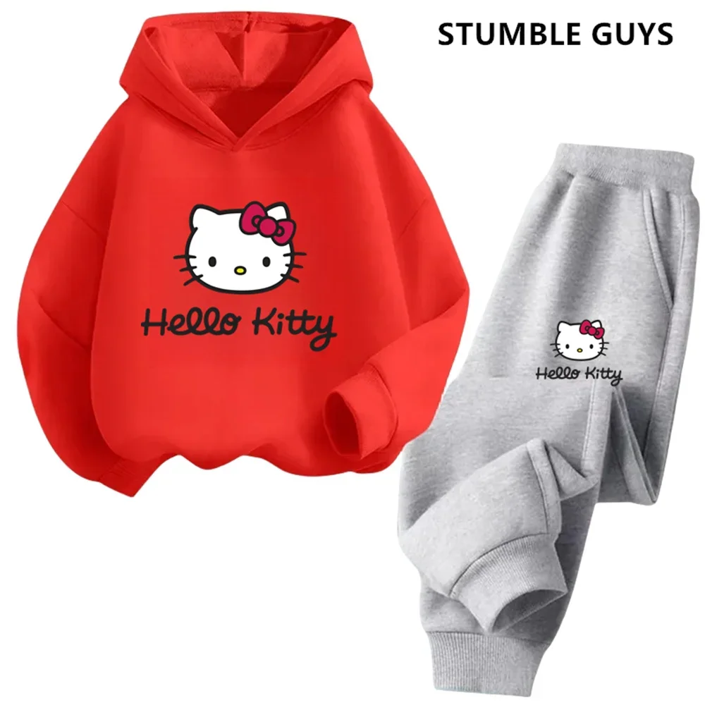 Kawaii Hello Kitty Hoodie Set for Girls Anime Hoodies Pants 2pcs Kids Cartoon Teen Tracksuits Toddler Clothes Sport Suit