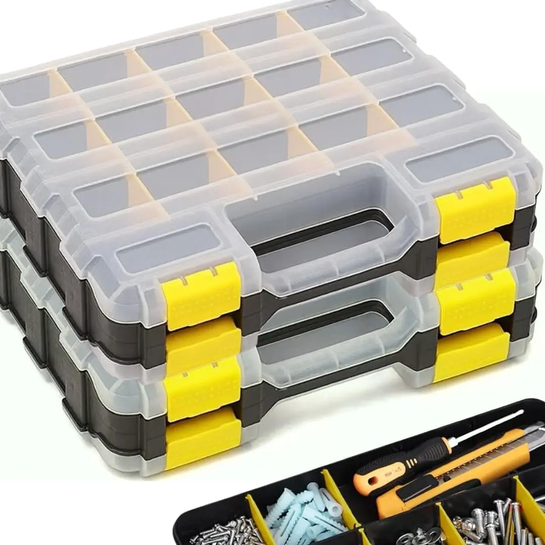 

34-Compartment Double-Sided Portable Hardware Organizer Box, Removable Dividers for Screws, Nuts, Bolts, Nails, Yellow, 2 Pack