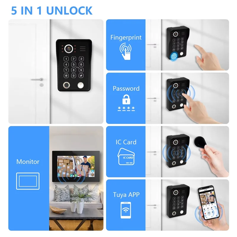 ABRB-Tuya Smart 1080P Wifi Monitor Video Intercom System Doorphone Fingerprint Unlock Video Entry Cam Doorbell Home US Plug