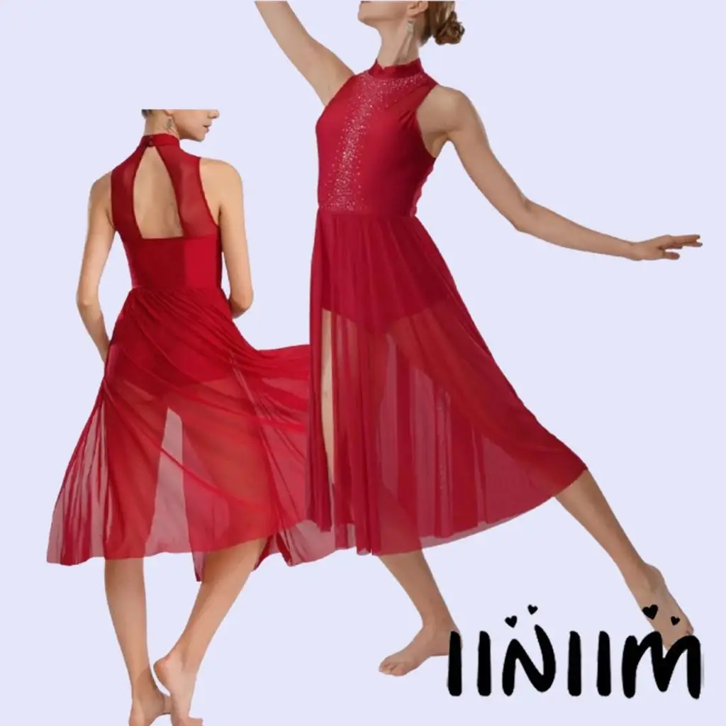 

Women Girls Sleeveless Sparkly Rhinestone Dancewear Ballet Skirted Adults Lyrical Dance Dress Modern Contemporary Costume