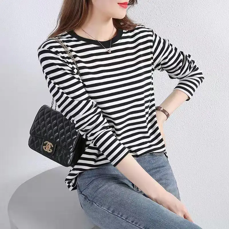 Women\'s Clothing Round Neck Long Sleeve Striped Pullover Contrast Color Geometric T-shirt Casual Fashion Spring Autumn Tops